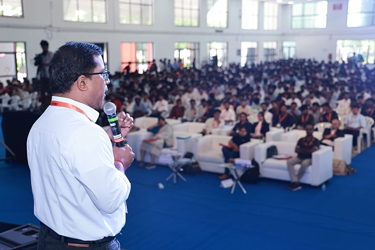 Corporate trainer delivers the keynote speech on leadership and strategy at ICT Academy Chennai.